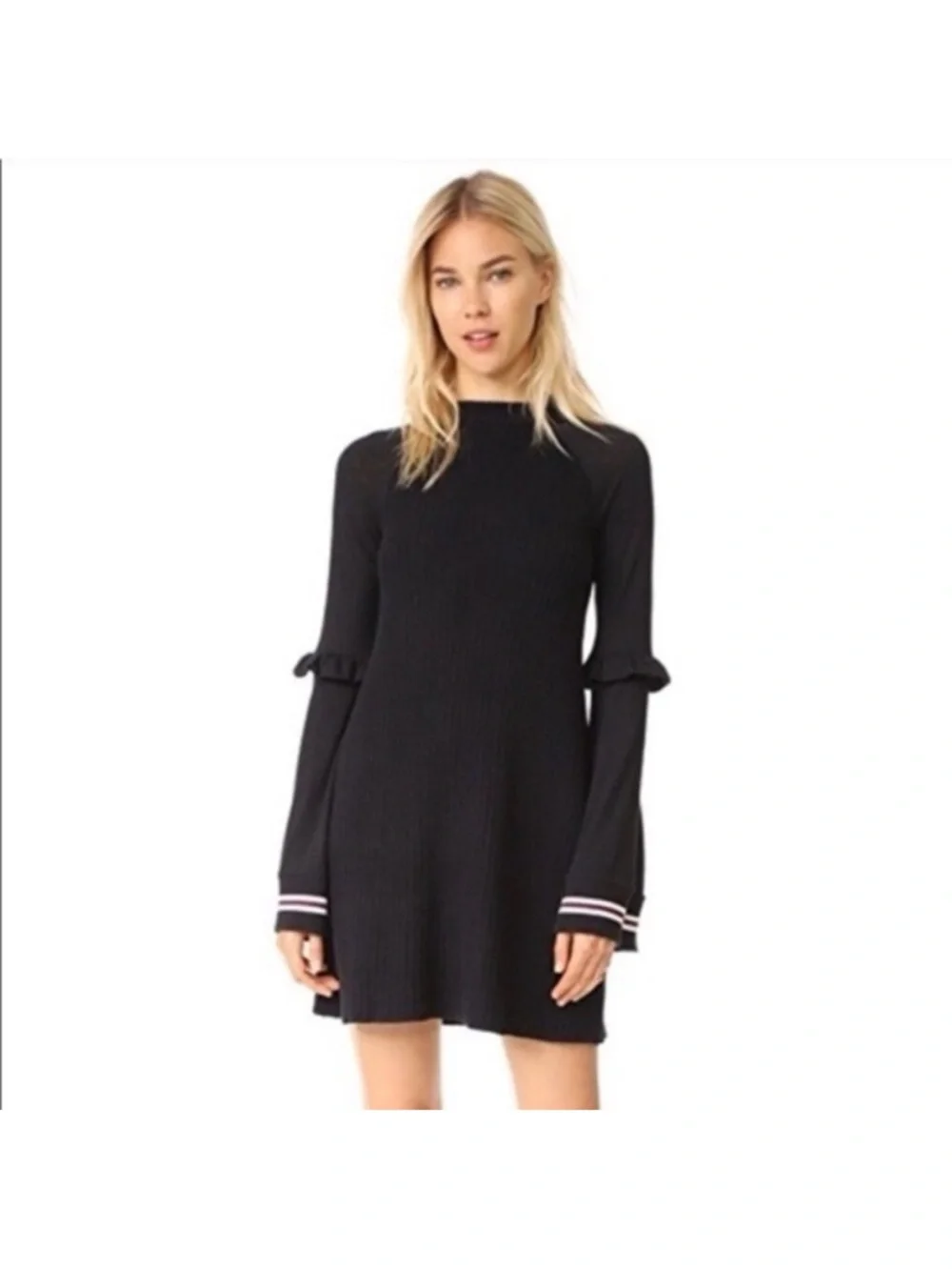 Free People Zou Bisou Black Ribbed Knit Bell Sleeve Sweater Dress